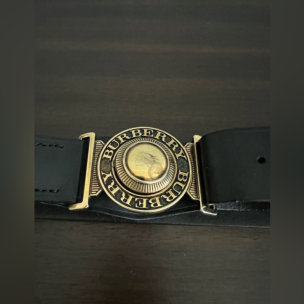 Burberry London Black Leather Belt with Brass Embossed Buckle